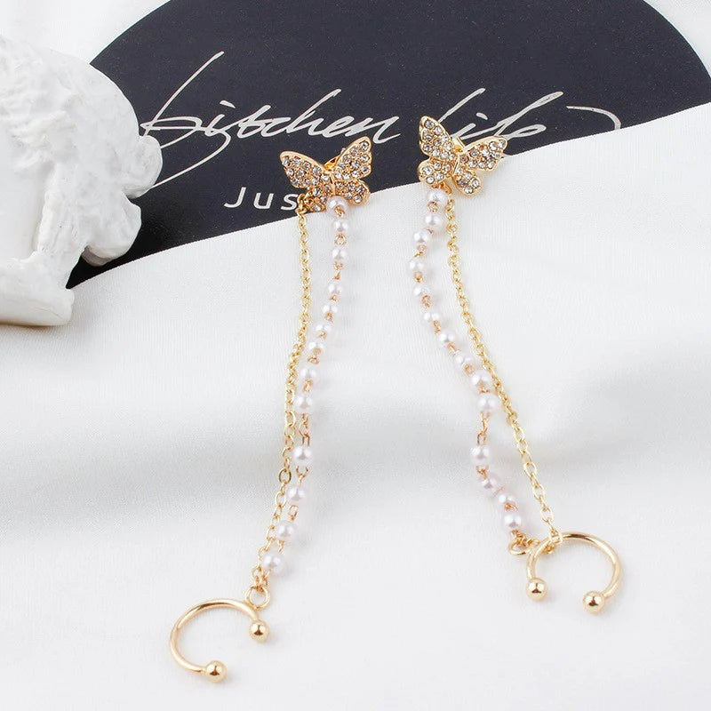Butterfly Double Chain Ear Clip Earrings – Pearl & Gold Finish Jewelry