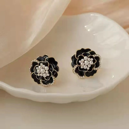 Black Camellia Flower Stud Earrings with Pearl Detailing