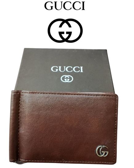 Classic Brown Men’s Leather Clip Wallet with Metal GG-Style Logo & Gift Box