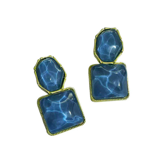 Blue Water Ripple Geometric Square Earrings – Statement Drop Style