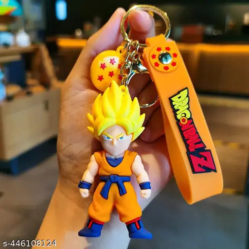 DBZ Super Saiyan Rubber Keychain with Wrist Strap – 3D Goku Figure, Gold Ring + Clasp