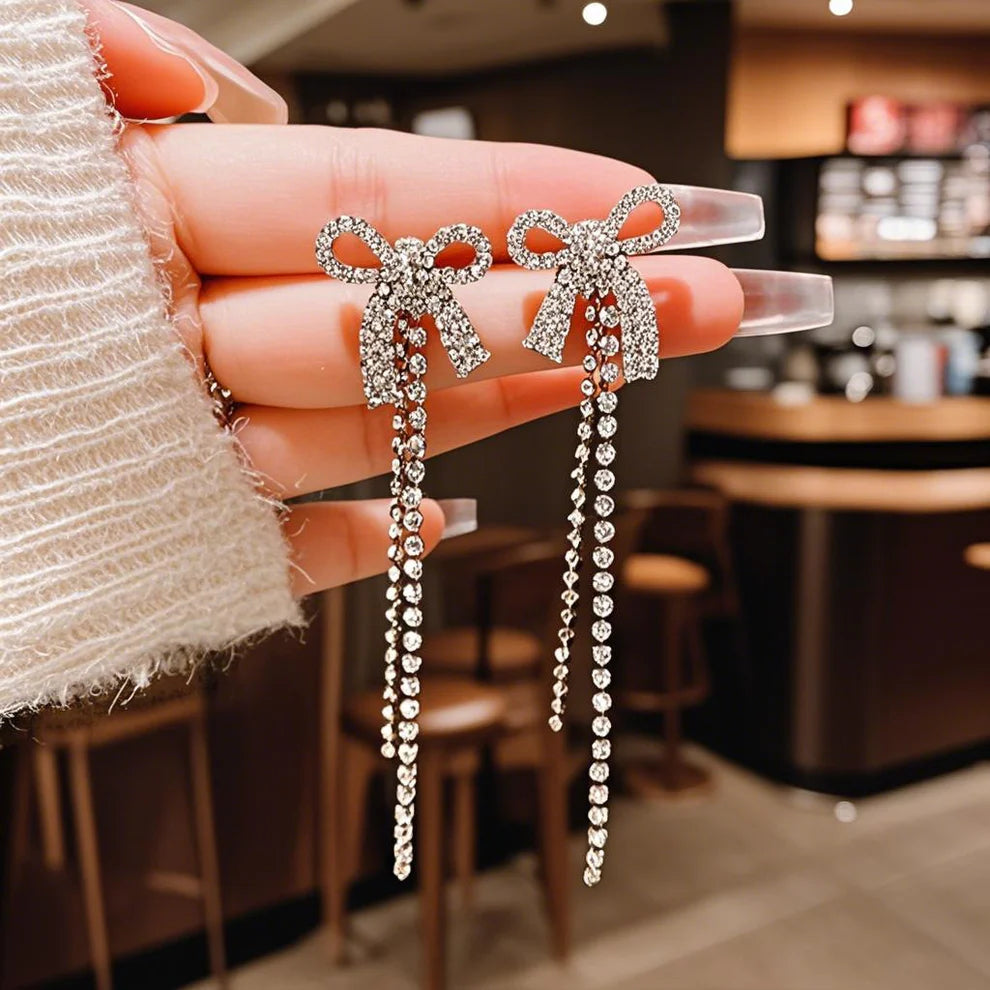 Diamond Bow Tassel Long Earrings – Silver Finish Party Jewelry