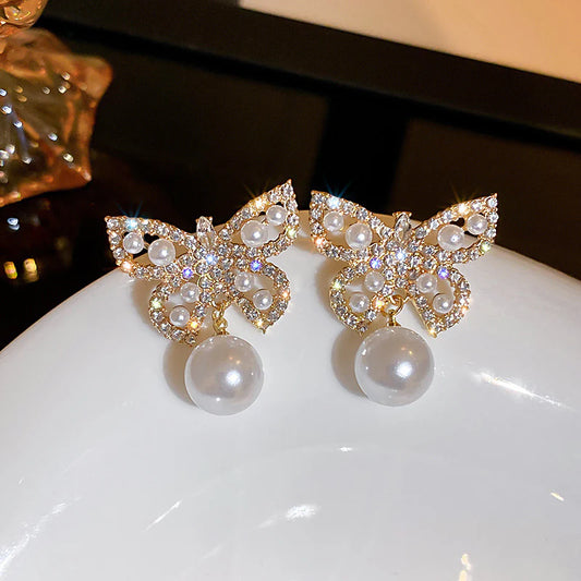 Diamond Pearl Butterfly Earrings – Gold Finish Crystal Pearl Drop Studs