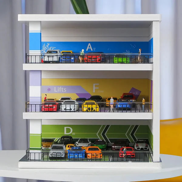 1:64 Scale 3‑Floor Parking Garage Diorama with Railings and Scene Graphics