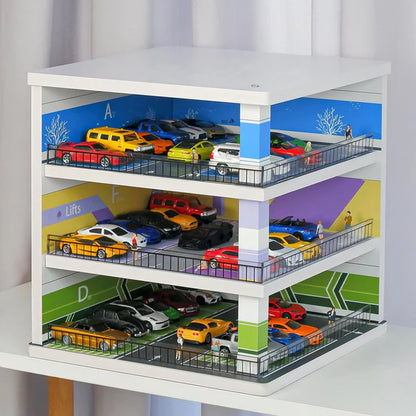 1:64 Scale 3‑Floor Parking Garage Diorama with Railings and Scene Graphics