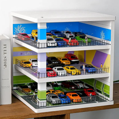 1:64 Scale 3‑Floor Parking Garage Diorama with Railings and Scene Graphics