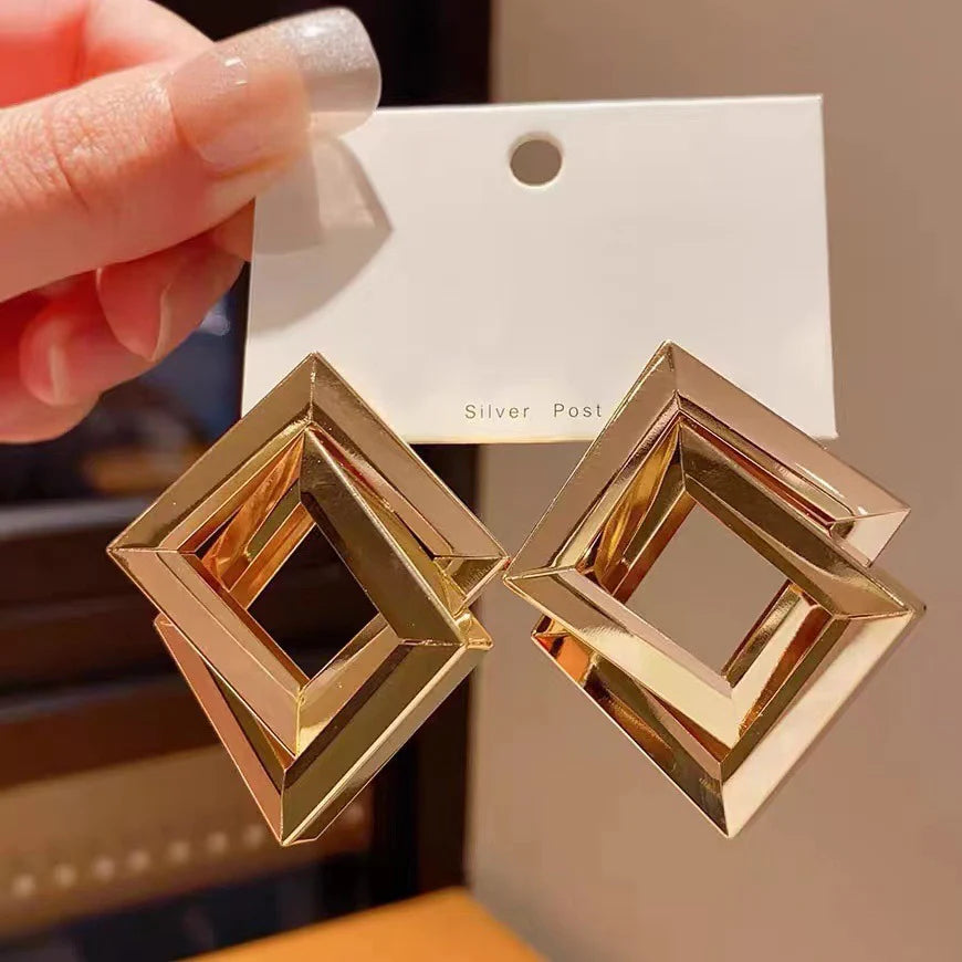 Double-Layer Square Earrings – Gold Geometric Statement Studs