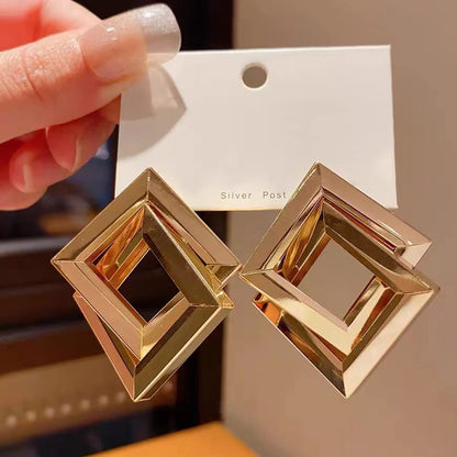 Double-Layer Square Earrings – Gold Geometric Statement Studs