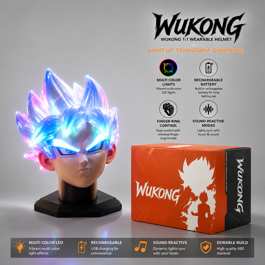 Wukong 1:1 wearable helmet with LED lights and box on a gray background