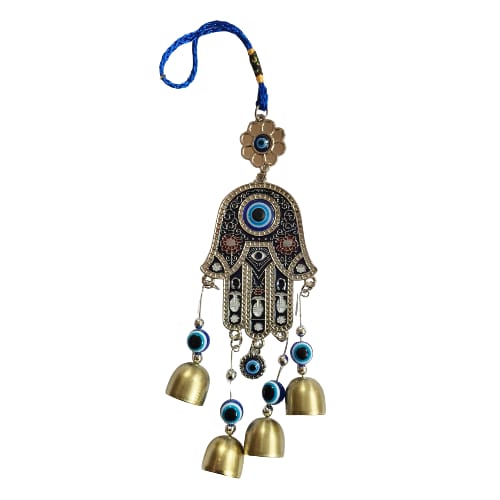 Hamsa Hand Evil Eye Wall Hanging – Bells & Turkish Nazar Protection Charm