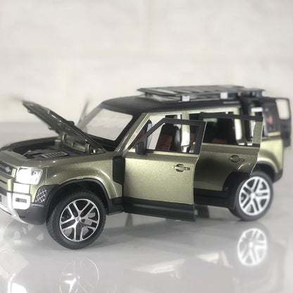 1:32 Scale Land Rover Defender Diecast SUV with Pull‑Back, Lights & Openable Parts – Olive Green