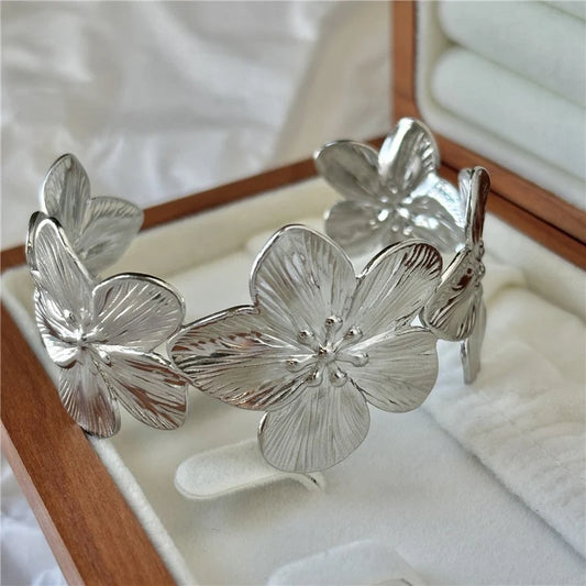 Silver Floral Cuff Bracelet – Elegant Flower Statement Bangle