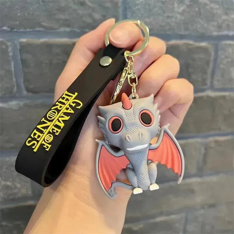 Game of Thrones Dragon Rubber Keychain with Strap – 3D Grey Dragon, Gold Ring + Clas