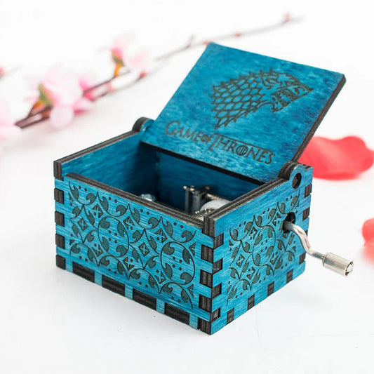 Game of Thrones Stark Direwolf Music Box - House Stark Blue Wooden Crank GOT