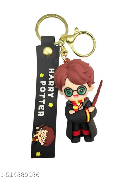 Wizard Boy Standing Rubber Keychain with Strap – 3D Figure + Wand, Gold Ring + Clasp