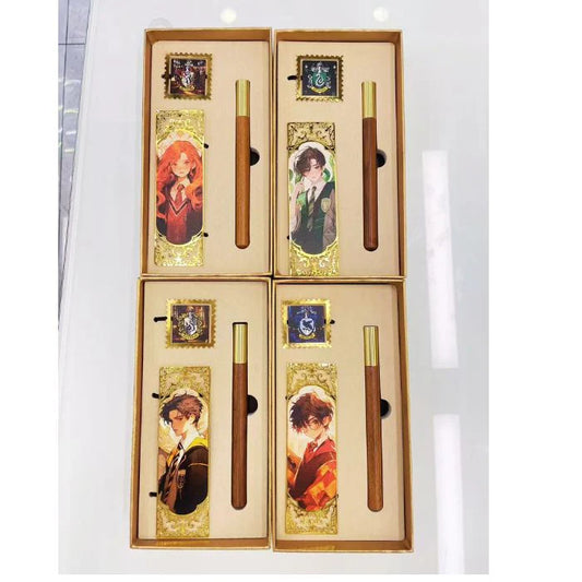 Wizarding House Pen & Bookmark Gift Set – Wooden Pen, Crest Brooch Pin, Character Bookmark (4 Styles)