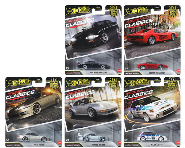 Hot wheels Car Culture 10th Anniversary 1:64 Scale Die Cast Premium Collection 2026 1994 NISMO 270R (S14)  FERRARI TESTAROSSA  TOYOTA SOARER  PORSCHE 993 GT2 MAZDA 323 GTR  MODERN CLASSICS  Set of 5 Cars