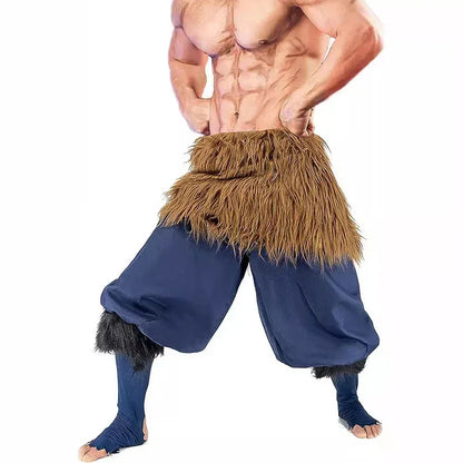 Inosuke cosplay costume with blue pants and brown fur belt from Demon Slayer