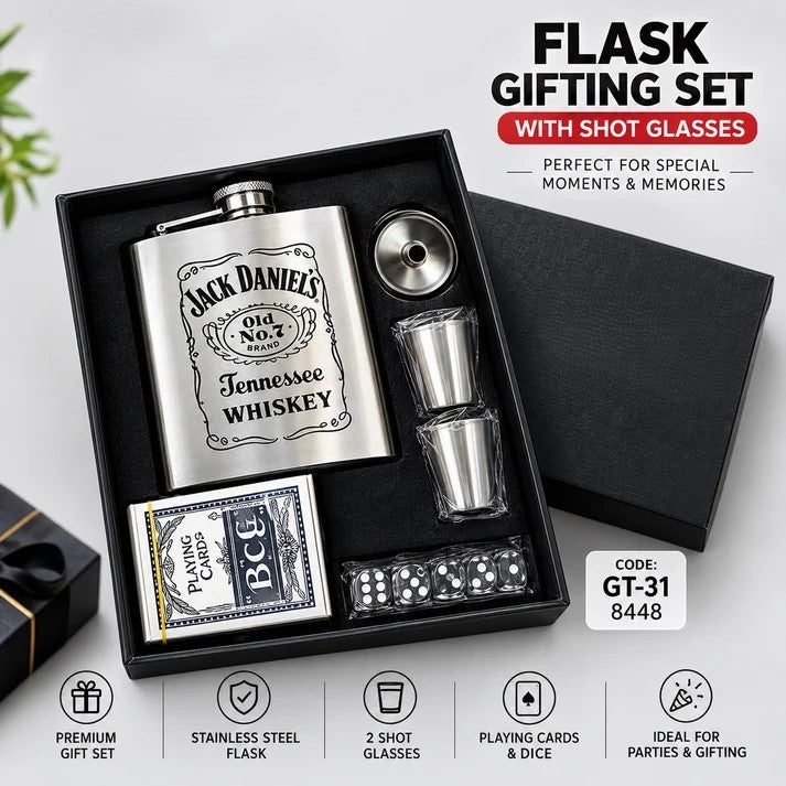 Jack Daniel’s Style Stainless Steel Flask Gift Set with 2 Shot Glasses, Playing Cards & Dice