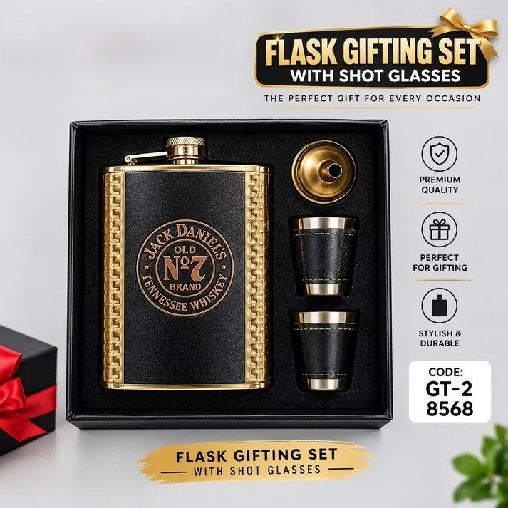 Jack Daniel’s Style Golden Flask Gift Set with 2 Shot Glasses – Black & Gold