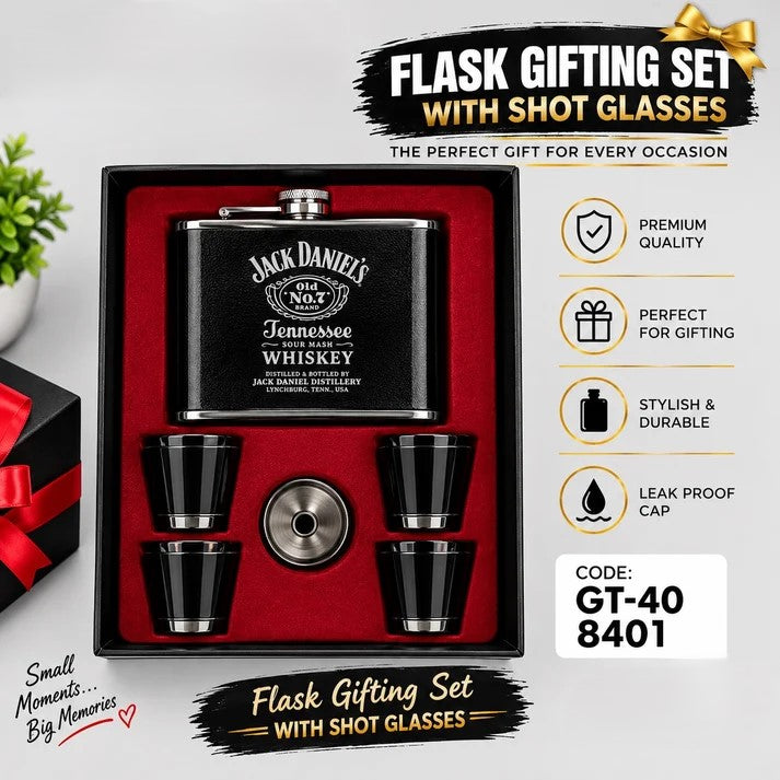 Jack Daniel’s Style Stainless Steel Hip Flask Gift Set with 4 Shot Glasses – Black