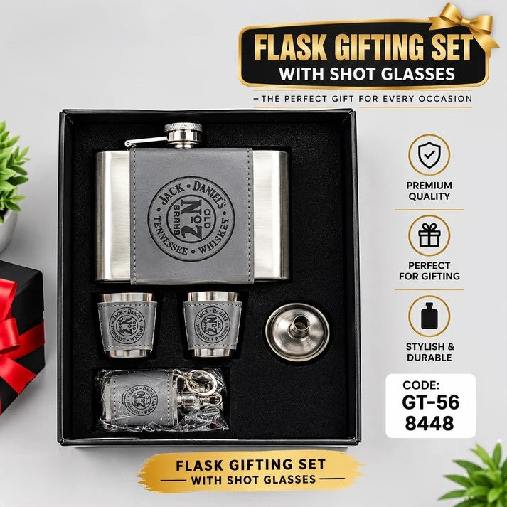 Jack Daniel’s Style Premium Hip Flask Gift Set with Shot Glasses & Accessories