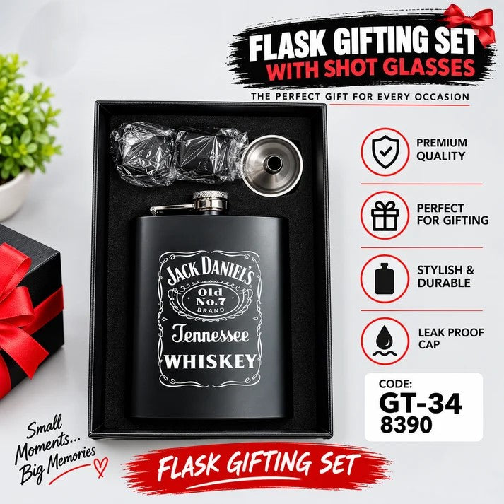 Jack Daniel’s Style Flask Gift Set with Shot Glasses – Black Stainless Steel