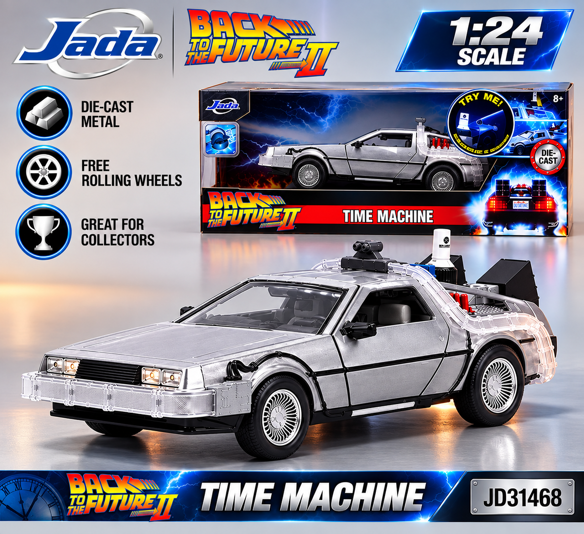 Jada Toys Back to the Future II Time Machine 1:24 Scale Die Cast Car with Lights