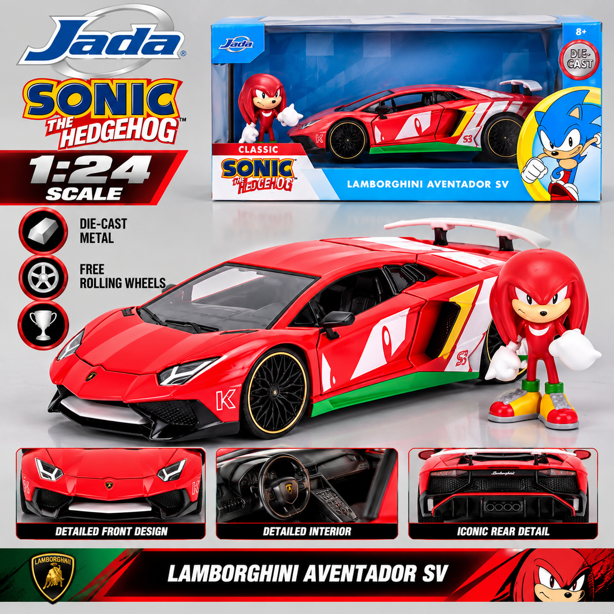 Jada Toys Sonic the Hedgehog Knuckles Lamborghini Aventador SV 1:24 Scale Die Cast Model Car with Figure