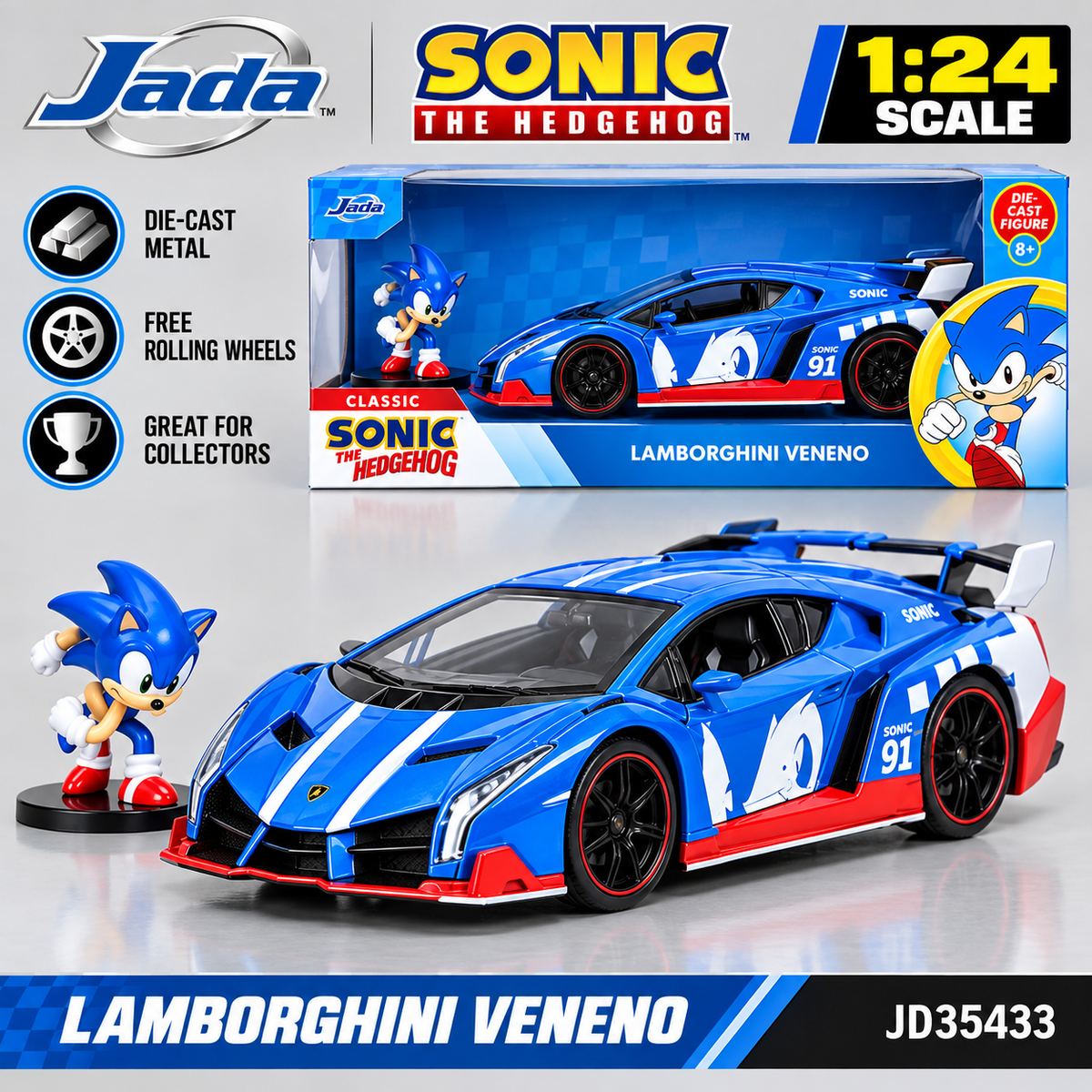 Jada Toys Sonic the Hedgehog Lamborghini Veneno 1:24 Scale Die Cast Model Car with Figure