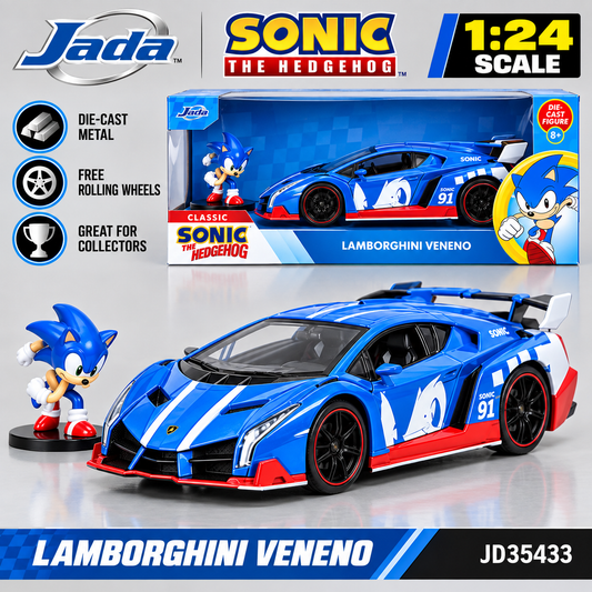 Jada Toys Sonic the Hedgehog Lamborghini Veneno 1:24 Scale Die Cast Model Car with Figure