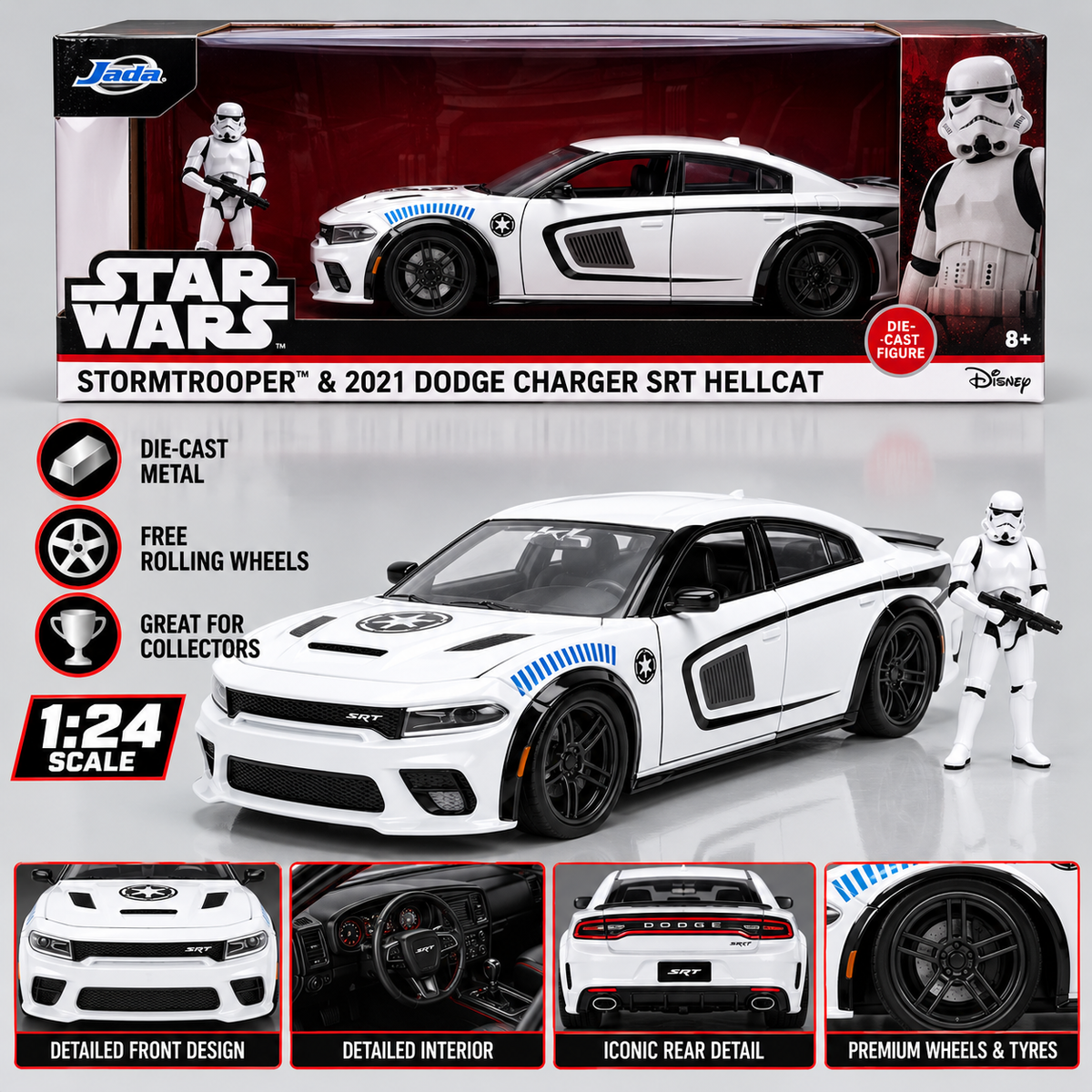 Jada Toys Star Wars Stormtrooper 2021 Dodge Charger SRT Hellcat 1:24 Scale Die Cast Model Car with figure
