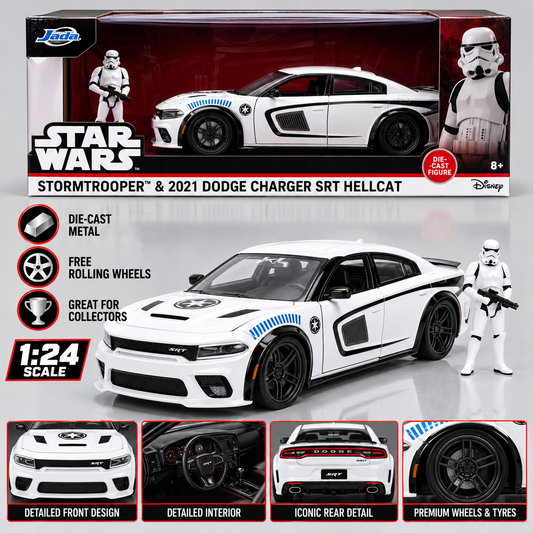 Jada Toys Star Wars Stormtrooper 2021 Dodge Charger SRT Hellcat 1:24 Scale Die Cast Model Car with figure
