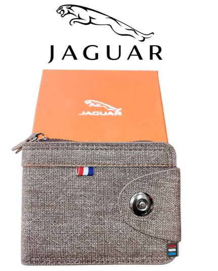 Jaguar Style Men’s Grey Fabric Side-Button Wallet with Zip Pouch & Gift Box