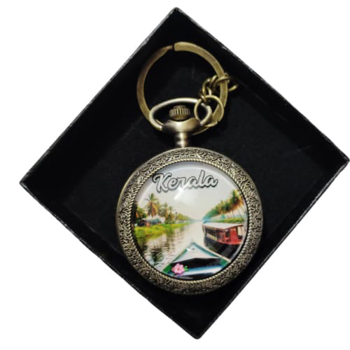Kerala Backwater Vintage Pocket Watch Keychain – Boat & Palm Trees Souvenir