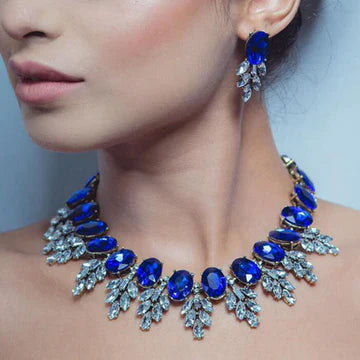 Blue Korean Jewelry Necklace & Earring Set – Luxury Crystal Statement Set