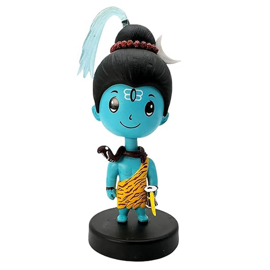 Lord Shiva Adiyogi Bobblehead – 12 cm Blue Idol with Trident Motif and Round Pedestal