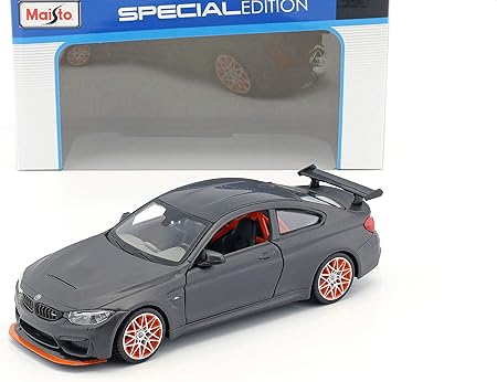 1:24 Maisto BMW M4 GTS Diecast Model – Matte Grey with Orange Rims & Aero Wing