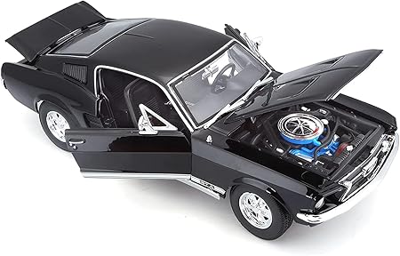 Black 1967 Ford Mustang GTA Fastback diecast model car with open doors and hood, Maisto 1:18