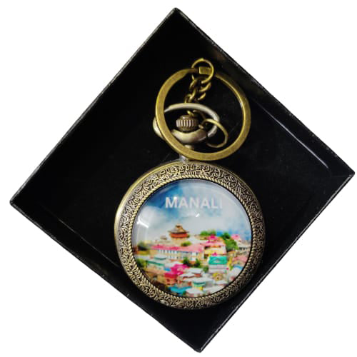 Manali Scenic Vintage Pocket Watch Keychain – Colorful Hill Town Souvenir