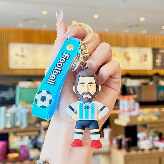 Number 10 Football Rubber Keychain with Blue Strap – 3D Player Figure, Gold Ring + Clasp