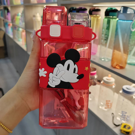 Mickey Cartoon Dual Straw Water Bottle – Cute Kids Bottle with Handle