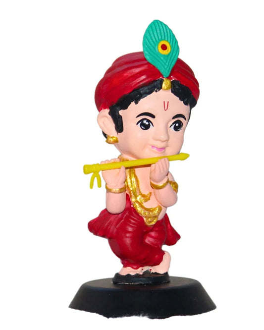Mini Baby Krishna Bobblehead – 10 cm Flute Idol with Red Attire and Peacock Feather
