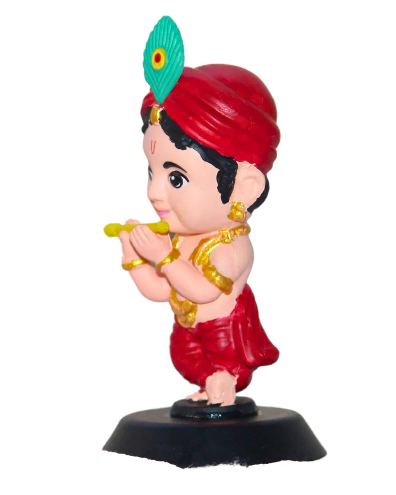 Mini Baby Krishna Bobblehead – 10 cm Flute Idol with Red Attire and Peacock Feather