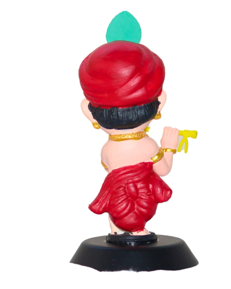 Mini Baby Krishna Bobblehead – 10 cm Flute Idol with Red Attire and Peacock Feather