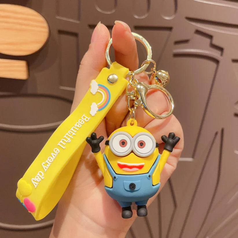 Minion Rubber Keychain with Yellow Strap & Bell – 3D Figure, Gold Ring + Clasp