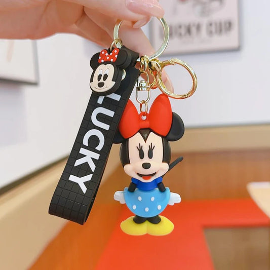 Minnie Rubber Keychain with Black “LUCKY” Strap – 3D Figure, Gold Ring + Clasp