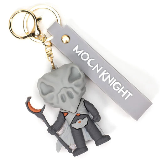 Moon Knight Rubber Keychain with Grey Strap – 3D Figure, Gold Ring + Clasp
