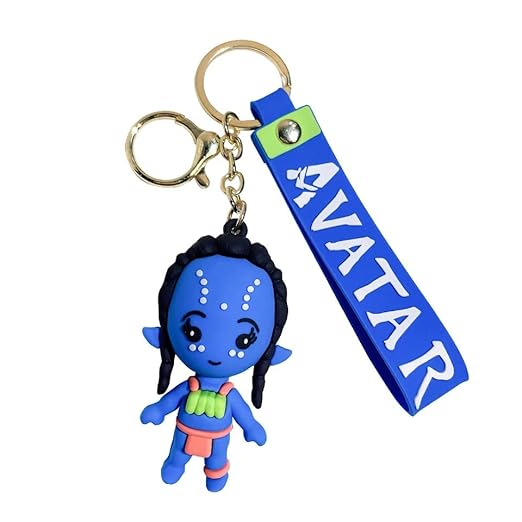Avatar Movie Rubber Keychain with Blue Strap – 3D Na’vi Figure, Gold Ring + Clasp