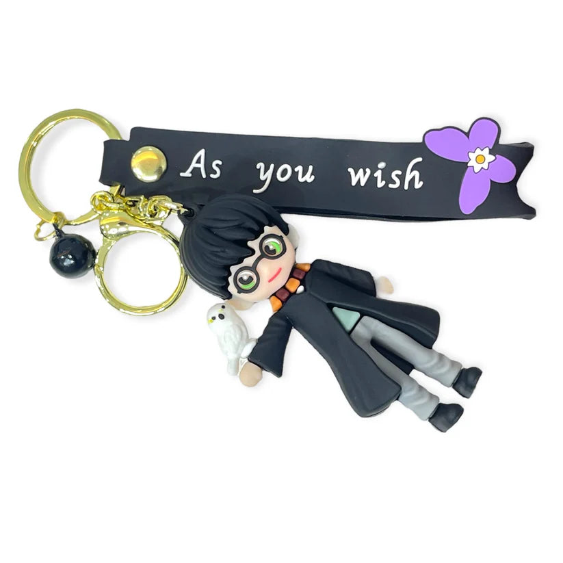HP Magic Boy with Owl Rubber Keychain – Black “As you wish” Strap, Gold Ring + Clasp